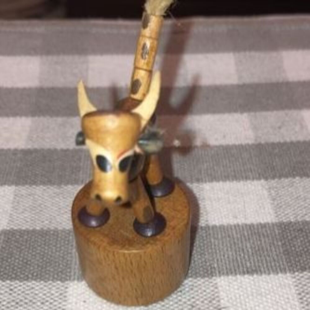 Vintage Wooden Bull Cow Push Puppet Thumb Toy Collapsible Dancing Figurine 3"